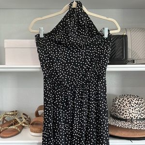 Polka dot black, halter top tie maxi dress